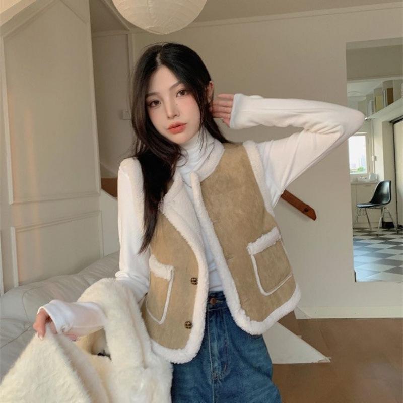 

Thickened Outer Lamb Hair Vest Jacket Autumn and Winter New Style Chic Fur One-piece Furry Vest Women s Clothing S