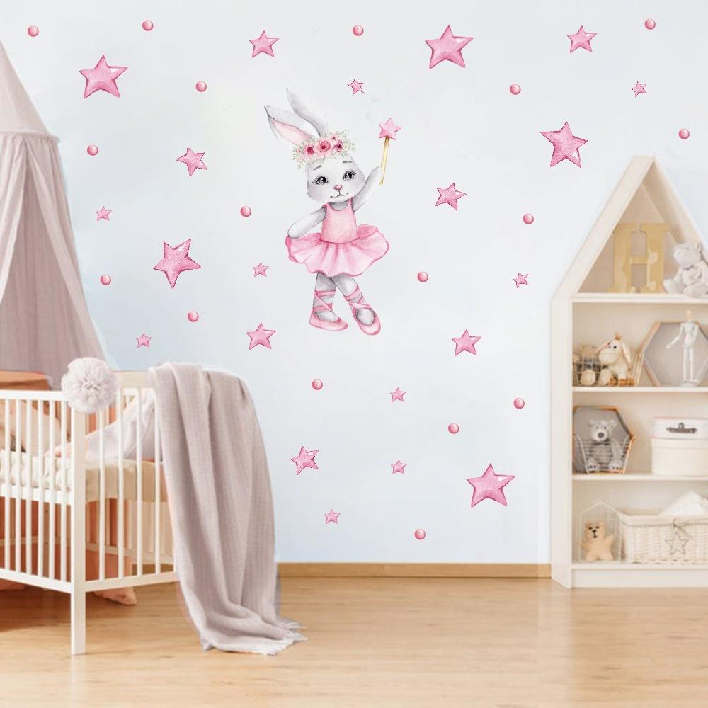 Watercolor Cartoon Bunny Wall Stickers Baby Nursery Wall Decals for Kids Room Living Room Bedroom Home Decor Rabbit Stickers PVC