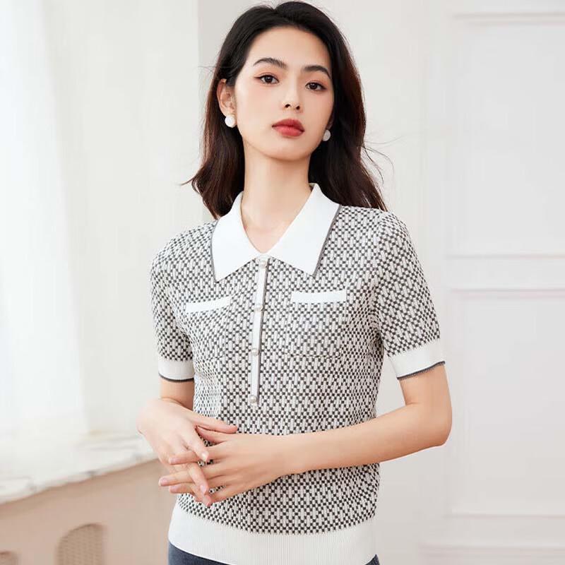 

JESSIE Women s Shimmer Contrast Lapel Short Sleeve Knit Top M