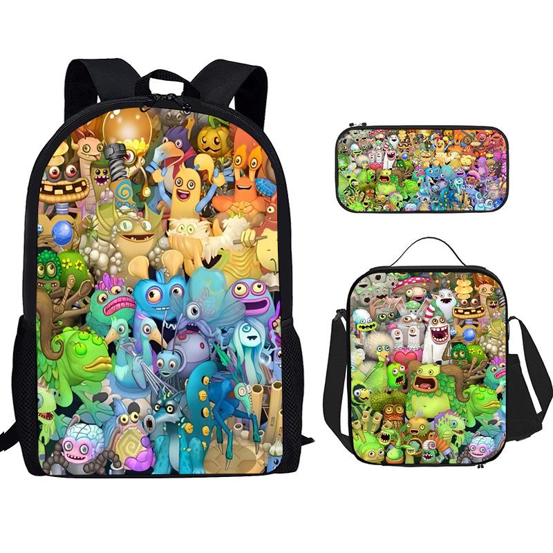 Monster Singer Elementary School Bag Three-Piece Nylon Printed Backpack Breathable Backpack Lightweight