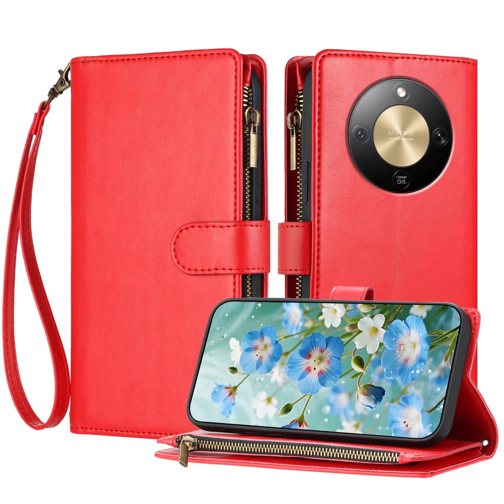 For Honor Magic8 Lite 5G/X9d 5G/X70 5G Leather Case Zipper Wallet Stand Shockproof Phone Cover with Wrist Strap