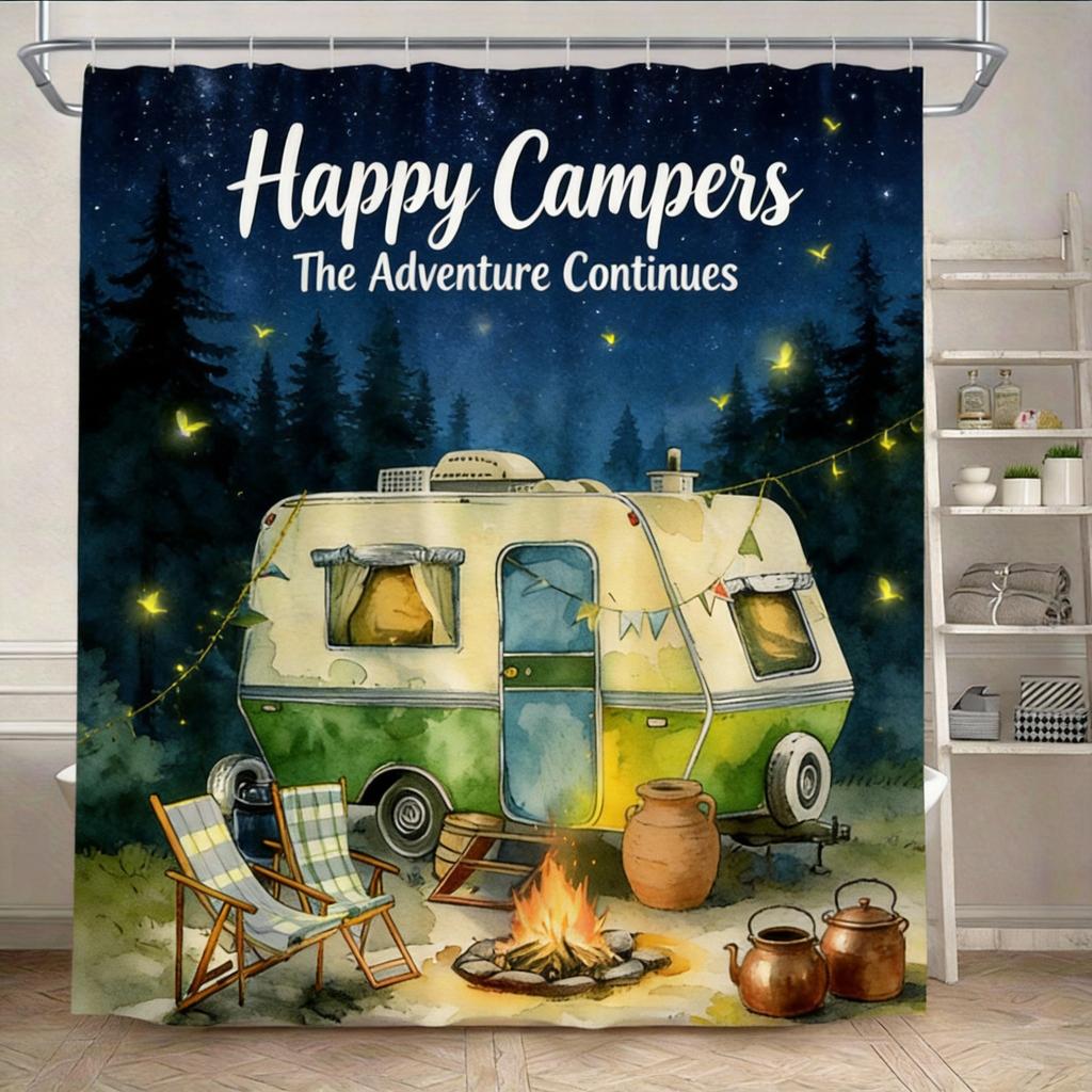 Vintage Camper Shower Curtain 180x180cm – Happy Campers, Machine Washable, 12 Hooks Bath decorative shower curtain