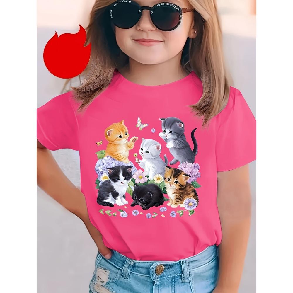 Funny Cartoon Cat Flower Print Women's Short Sleeves T-Shirt Loose Casual Summer Outdoor Street Men's and Women's Tees Tops