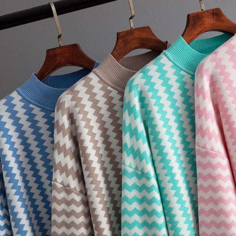 Damen Herbst- und Winter Midi Rundhals Gestreift Locker Gestrickter Pullover Top