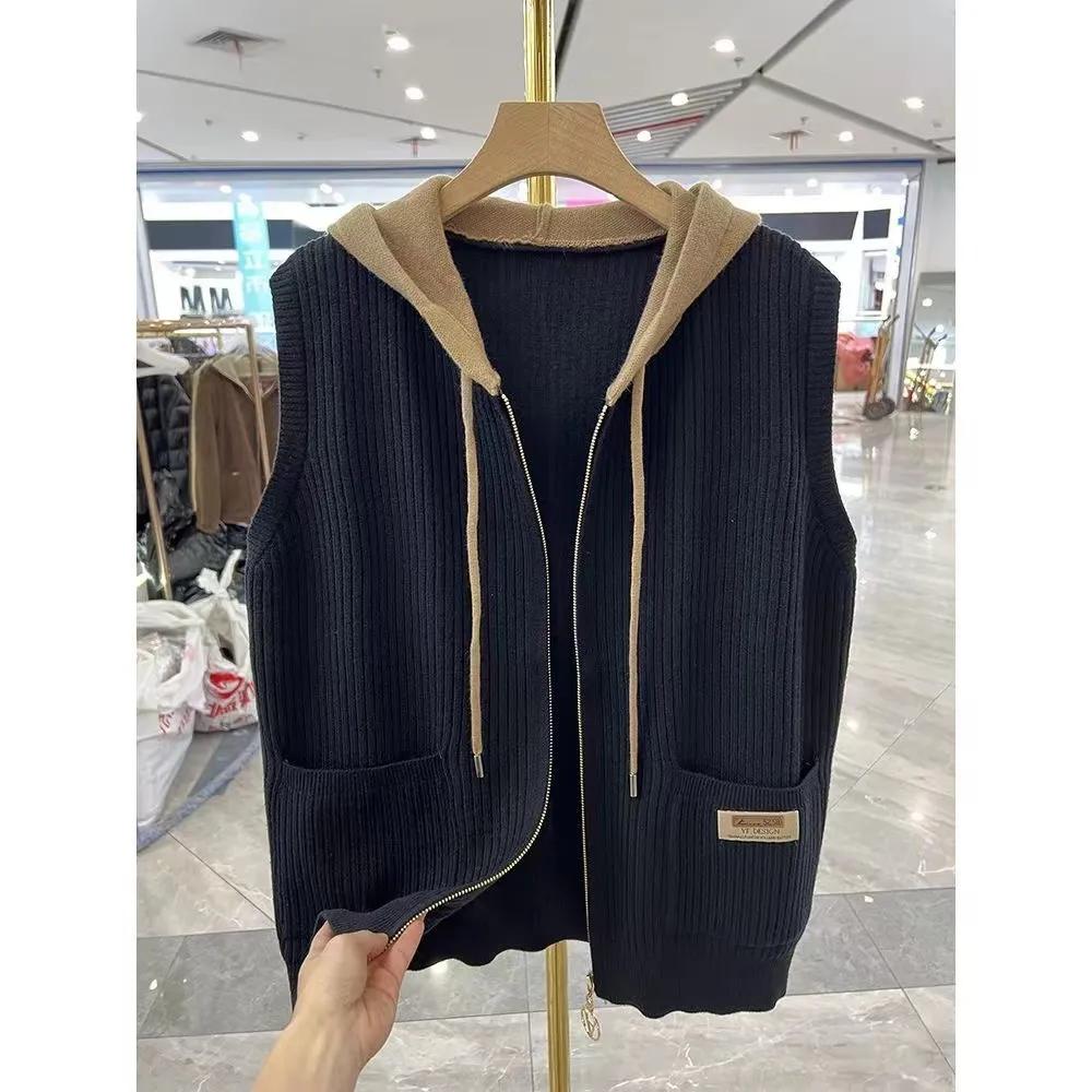 Korean Spring Autumn Hooded Vest Female Loose Knit Cardigan Wild Short Casual Sleeveless Knitting Female Waistcoat Top