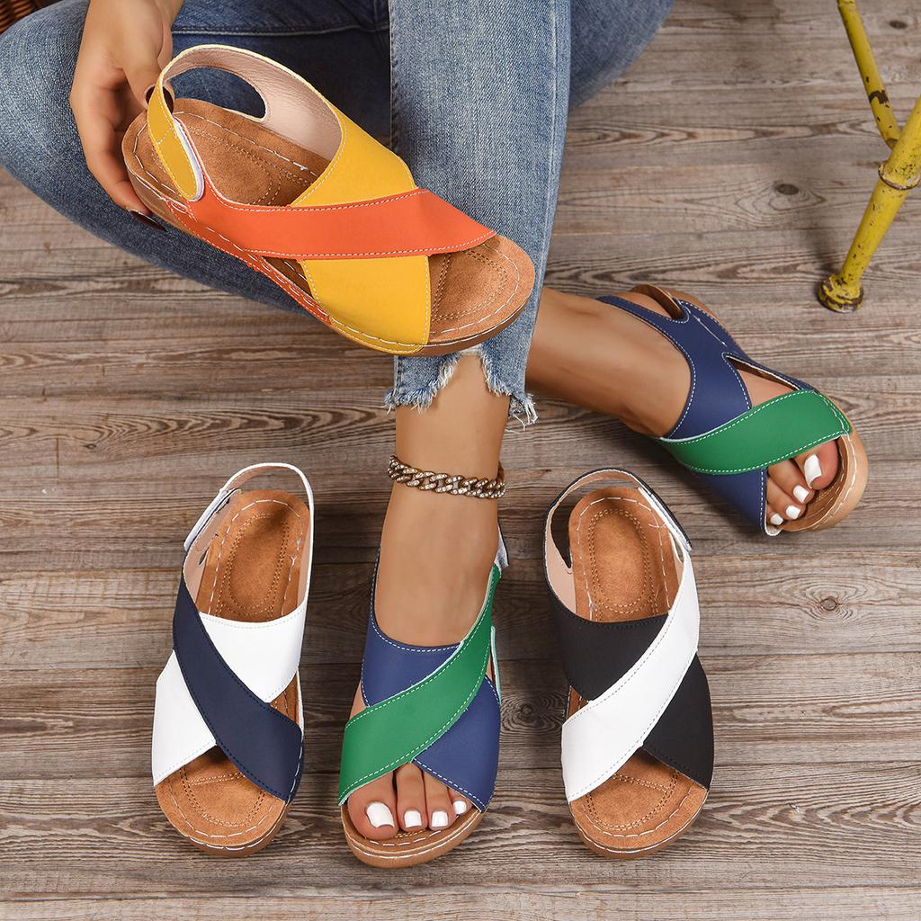 2025 Summer New Thick-soled Fish Mouth Color Matching Foreign Trade Women's Shoes Large Size Velcro Hollow Beach Shoes