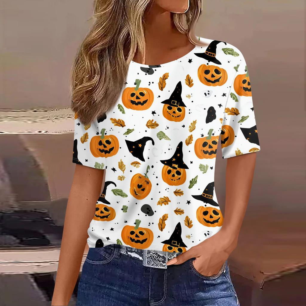 Womens Casual Short Sleeve Halloween Pullover Shirt Round Neck Bat Pumpkin Print Top Lightweight Comfortable Fit