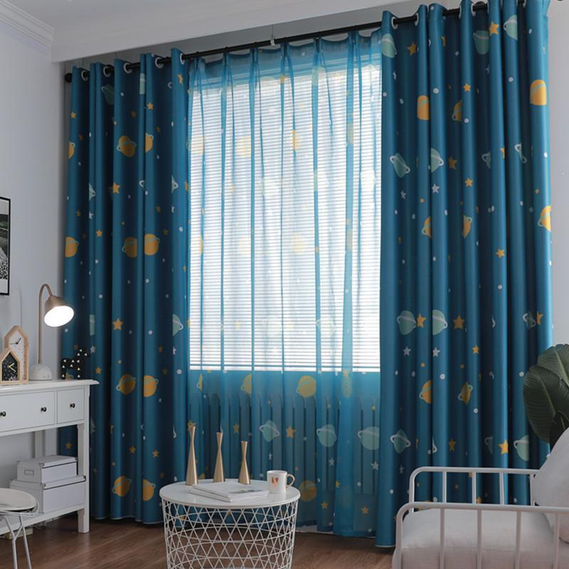 Printed Curtain Cloth, Full Blackout Cloth, Bedroom Bed Curtain, Blue Cartoon Planet Curtain Cloth