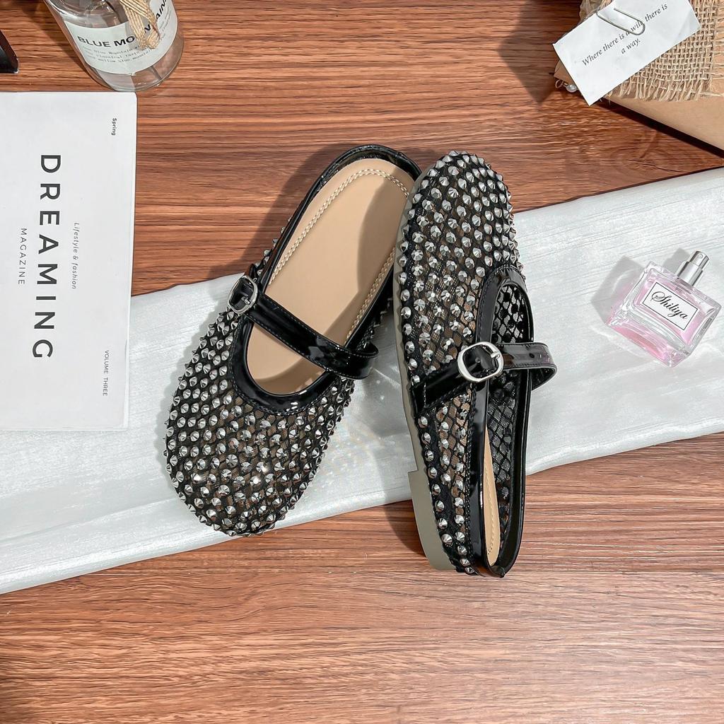 Yuanlitong Fairy Wind Flow Light Mesh Yarn Rhinestone Mesh Breathable Buckle with Bag Head Holiday Slippers Female Half Drag Summer Outer Wear