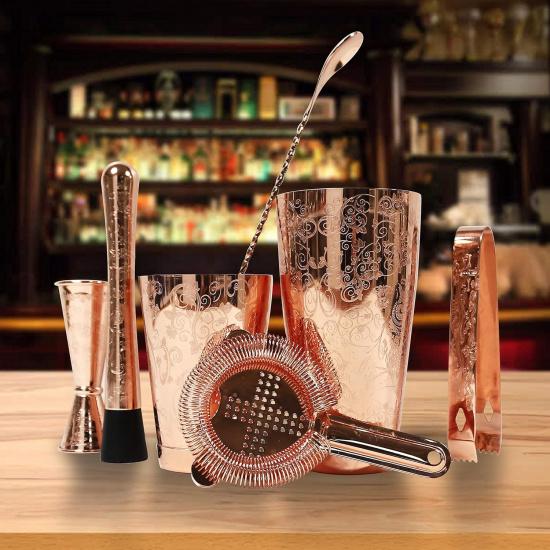SKY FISH Bartender Kit Cocktail Shaker Set-6 Pieces Stainless Steel Copper Plated Etching Bar Tools with Boston Shaker Tins,Mixing Spoon,Mojito