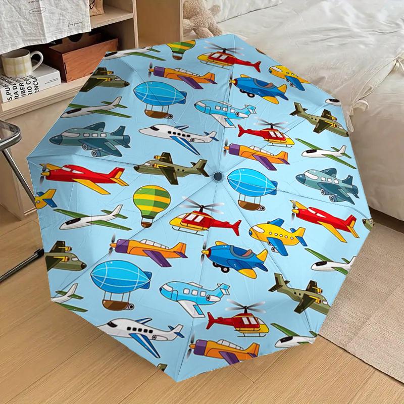 Flugzeug Heißluftballon Hubschrauber Automatischer Öffnungsregenschirm - Tragbares Dreifachfalt-Design mit 8-Speichen-Eisenrahmen - Geschenk für Fans, Reisende