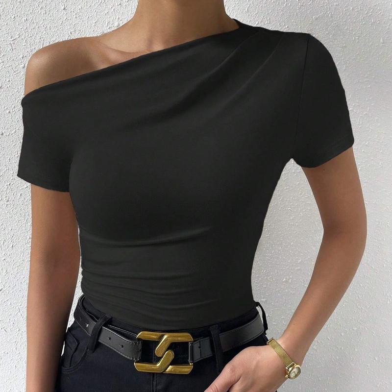 Spring and Summer Solid Colour Fashion Slim Drawstring Irregular Collar Short Sleeve T-Shirt Top