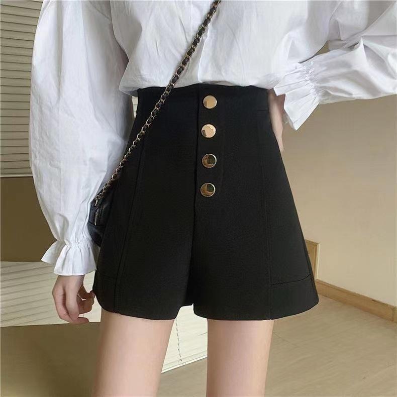 Damen Shorts Hochtailliert Knopf Bindegürtel mit Weitbeiniger Hose