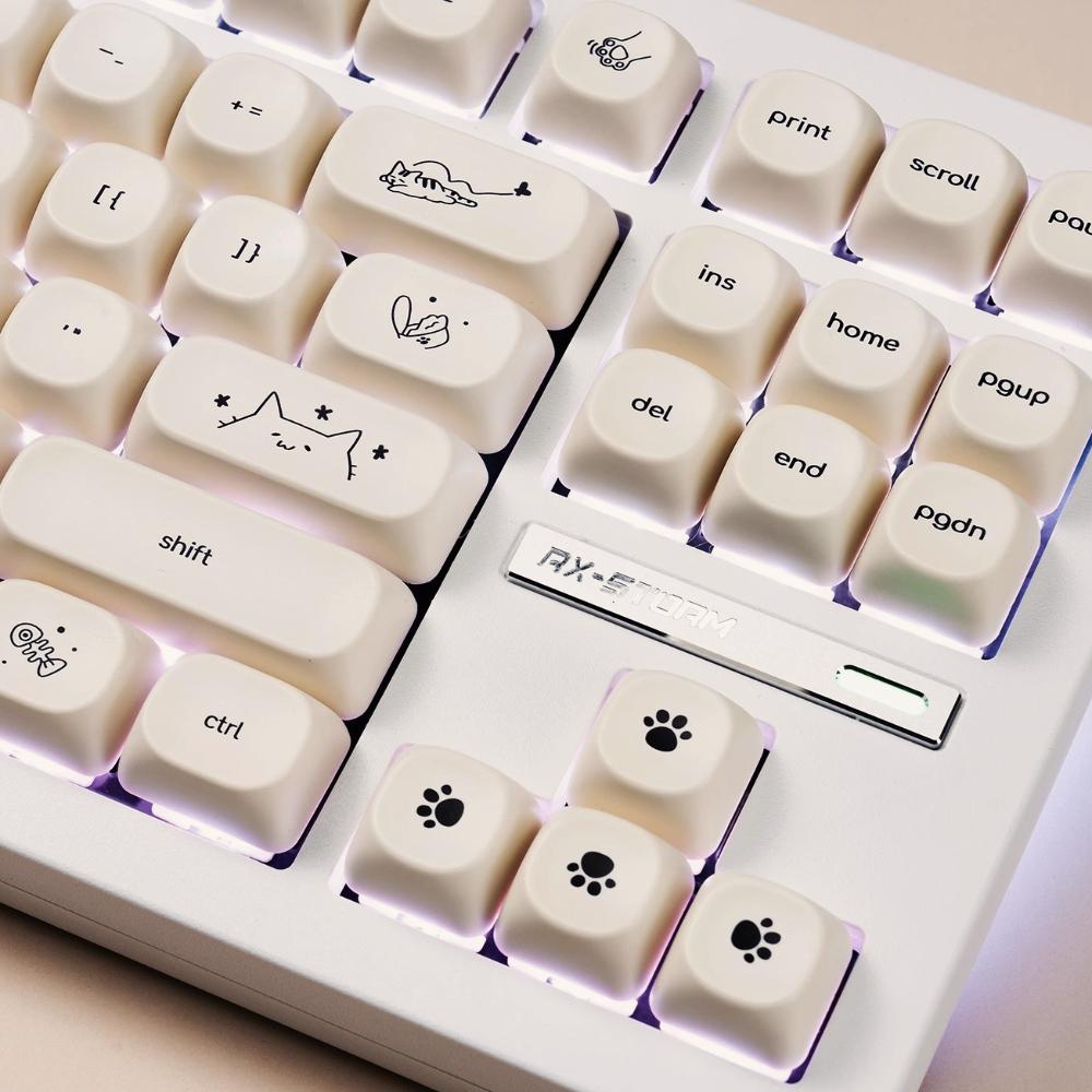 Happy Kitty Cat Keycap Set PBT Thermal Sublimation 124 Keys MOA Height Milk White Girls Mechanical Keyboard Keycaps