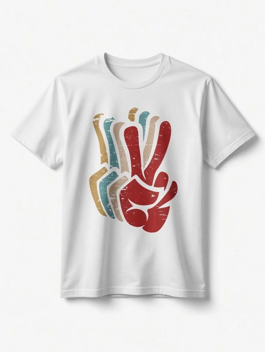 Vintage Peace Sign Hand T-Shirt - Retro Distressed Colorful Graphic Tee XL