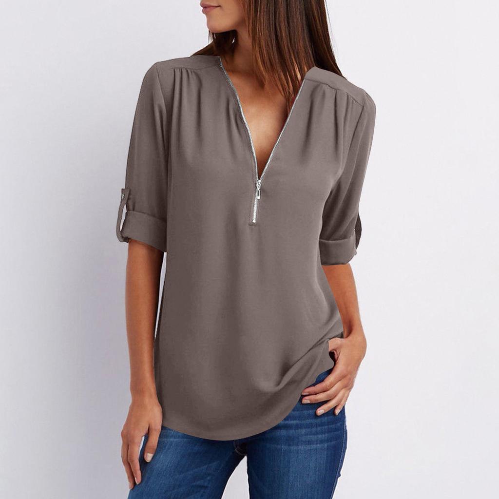 Women's Color Casual Fashion V-neck Zipper Long Sleeved Loose Chiffon Top With Adjustable Sleeves