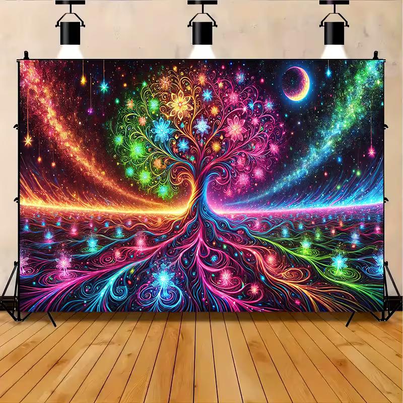 Cosmic Tree of Life Wall Hanging, with Vibrant Colors, Crescent Moon, and Glowing Stars 47.2x31.5inch/120*80cm