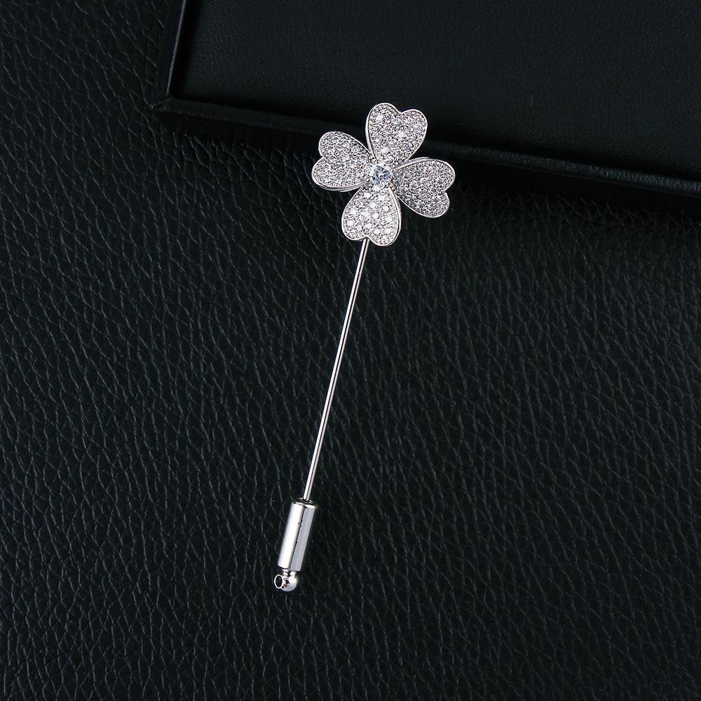 Elegant Unisex Four-Leaf Clover Brooch with Micro-Paved Zirconia - High-Grade Suit Accessory