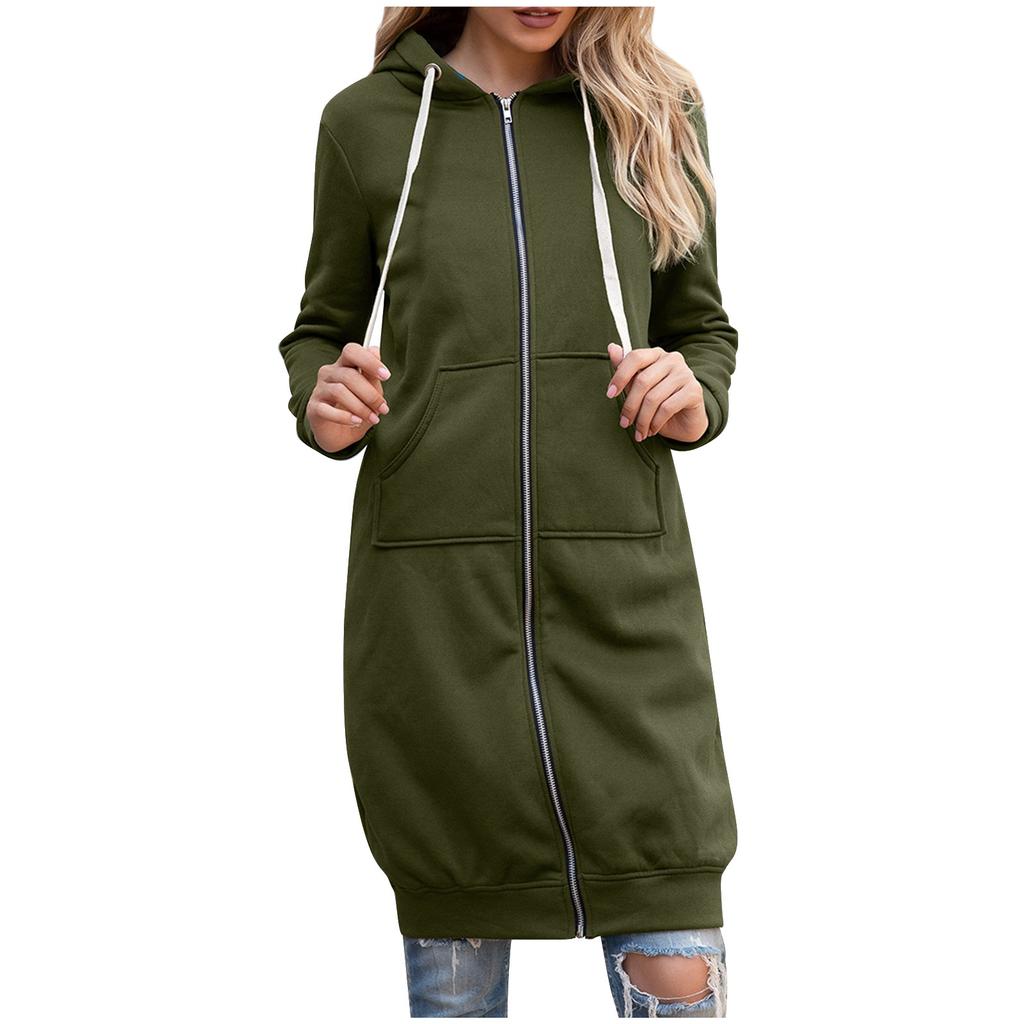 Damen Einfarbig Slim Fit Reißverschluss Rundhals Langarm Locker Kapuzenmantel Mittellang