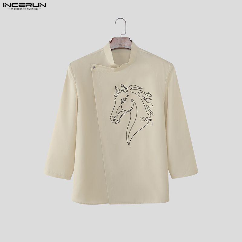 INCERUN Zomer Mannen Kraag 3/4 Mouw Knopen aan de Zijkant Print Casual Overhemden Tops