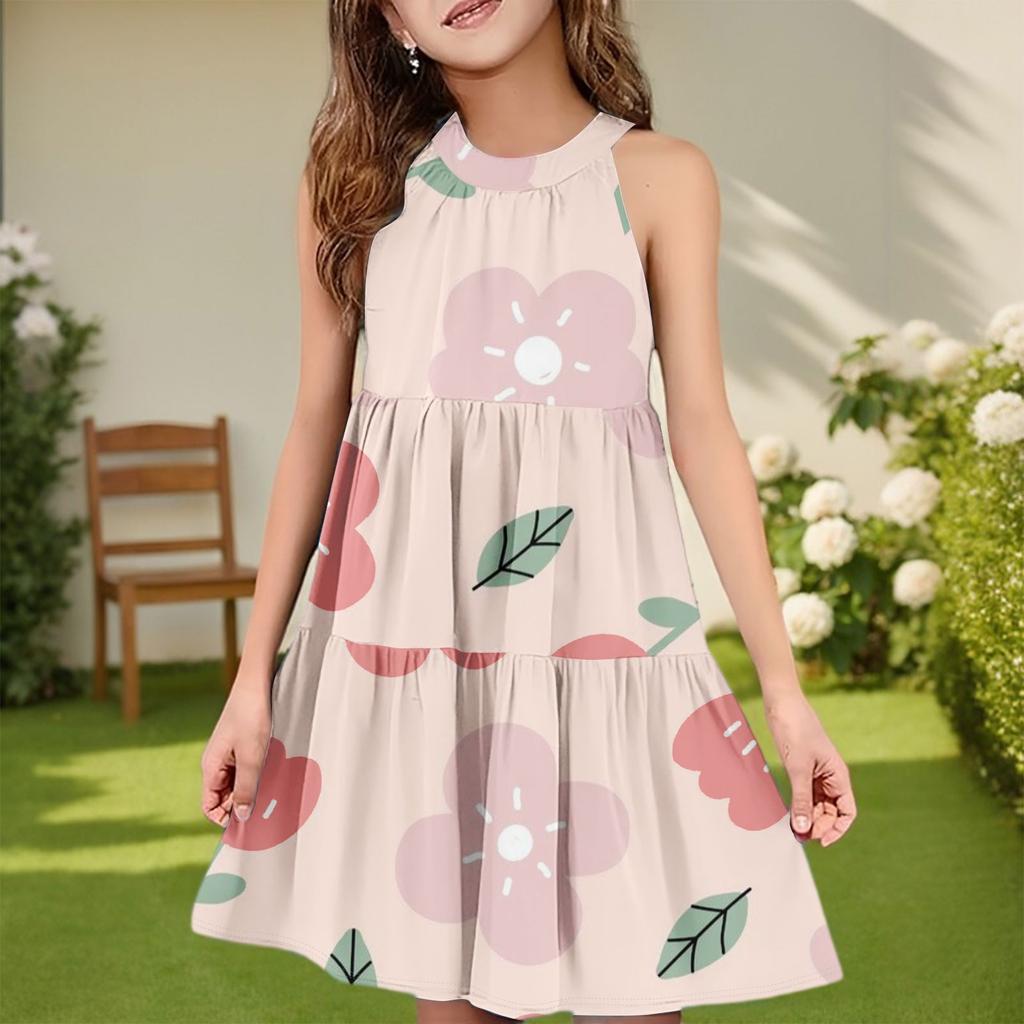 Dětské letní ležérní módní šaty bez rukávů s kulatým výstřihem