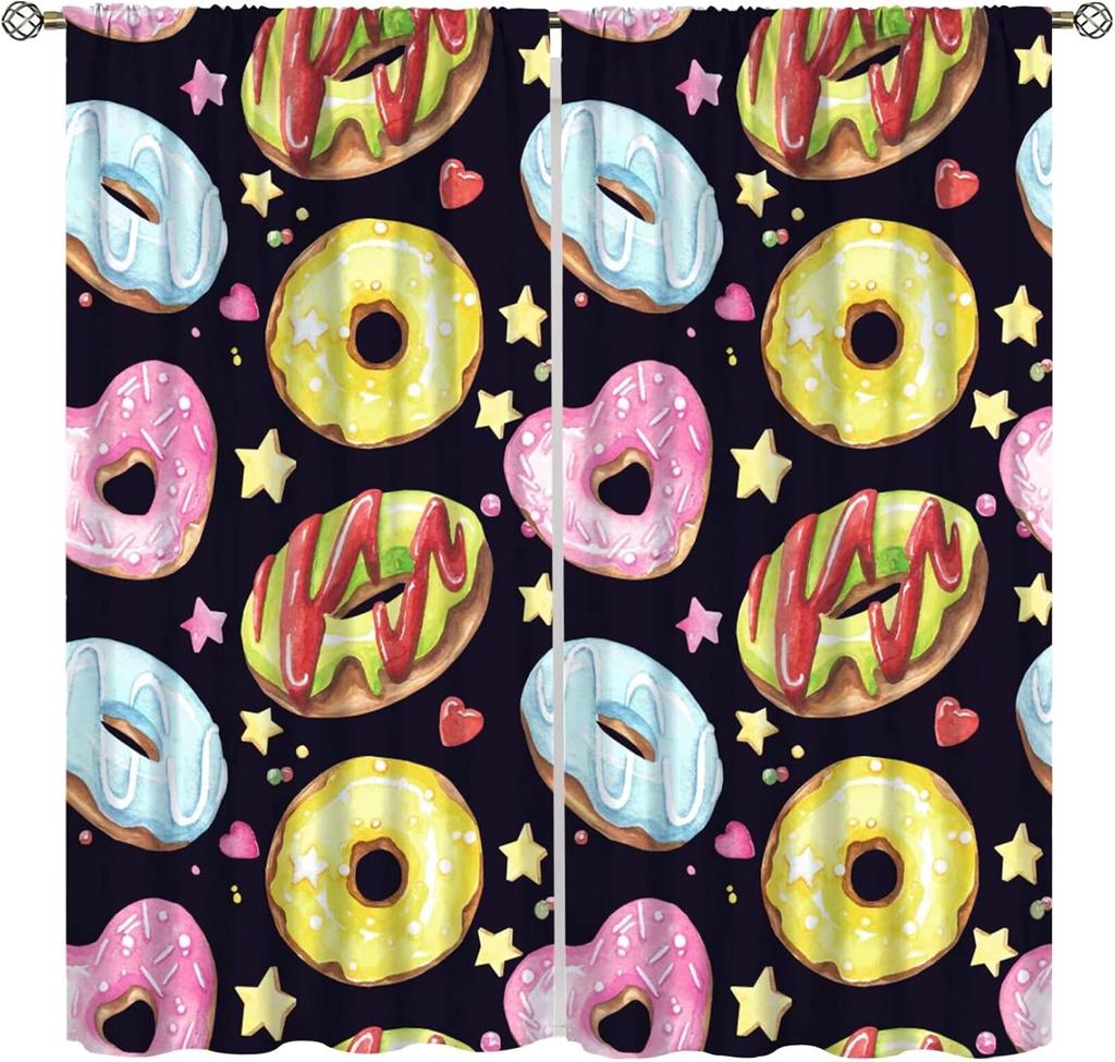 Coffee Cake Fruit Dessert Curtain, Coffee Shop Bakery Inspired Tasty Cupcake Pattern Rod Pocket Window Treatments for Bedroom