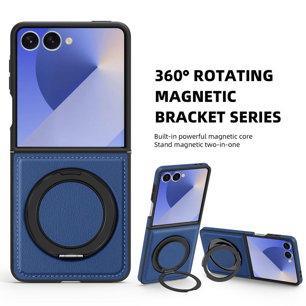 KEYSION 360° Rotating Magnetic Ring Stand PU Leather Case for MagSafe for Samsung Z Flip 7 5G 7 SE Wireless Charging Phone Cover