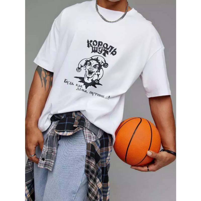 White T Shirt with Joker Graphic and Russian Text for Casual Wear