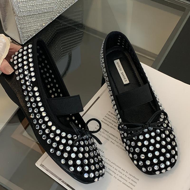 

Модные женские балетки со стразами и бантом-бабочкой, женские сандалии в стиле Лолита, повседневные уличные осенние модные шлепанцы, женские туфли Мэри Джейн 5(Foot 225mm) чёрный