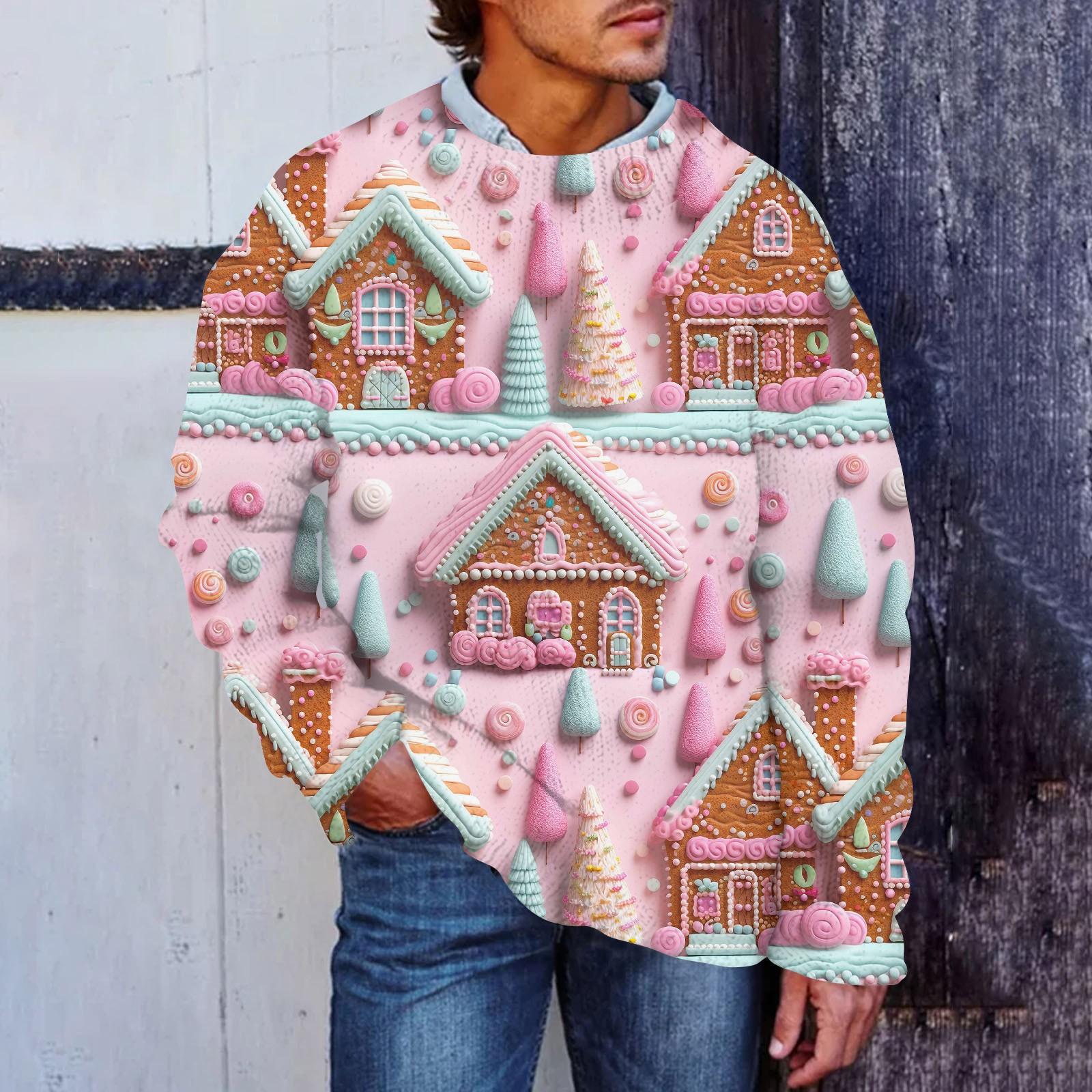 

Мужской рождественский принт, искусственный свитер, толстовка с круглым вырезом, свободный топ с длинными рукавами M розовый