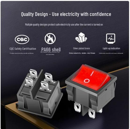 KCD5 Black Rocker Switch, 4/6 Pins, 2/3-Position, Red/Green Light, Double Pole, 6A 250V.