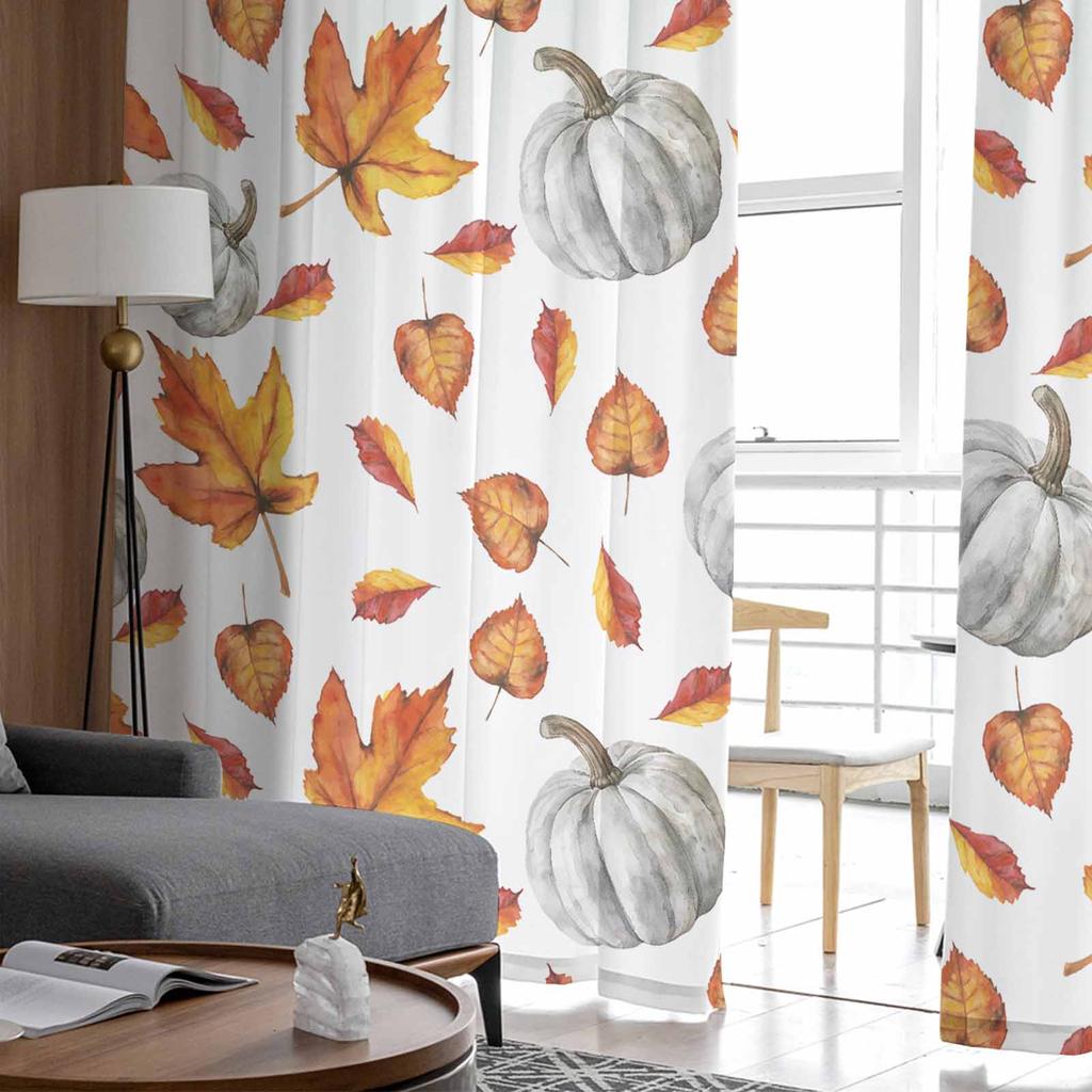 Autumn Thanksgiving Watercolor Leaves Pumpkin Sheer Curtains for Kids Bedroom Living Room Voile Window Curtains Tulle Drapes