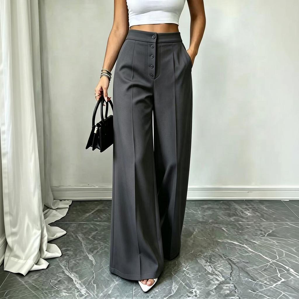 Women's High Wide Leg Pants with Button Pockets Color Casual Trousers for Commute