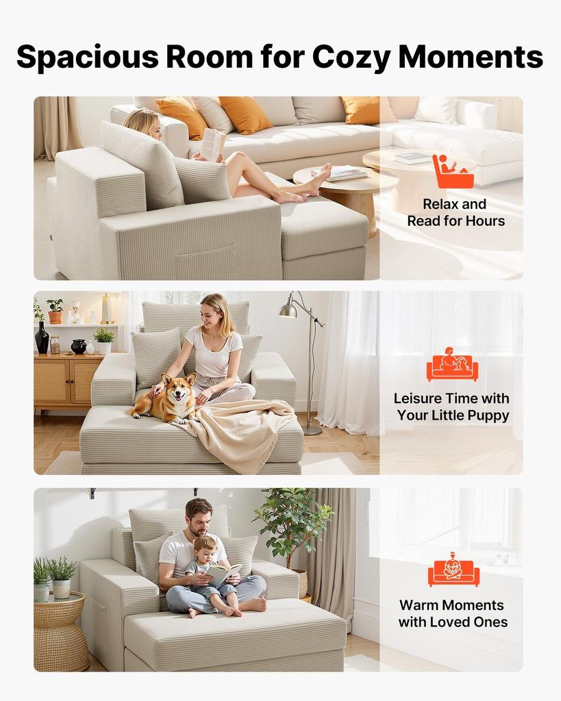 Chaise Lounge Chair, 1115 mm Boneless Modular Chaise Lounge Indoor, Oversized Corduroy Reading Chair with Throw Pillows & Armrests, Deep Seat Sofa
