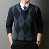 Winter Warm Men's Plaid V-neck Long Sleeved Sweater Knitted Sweater Fashion Casual Versatile Top