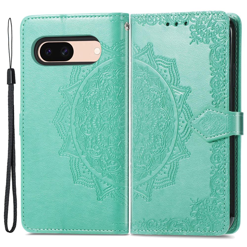 

For Google Pixel 8a Case Flip Wallet PU Leather Mandala Embossed Design Phone Cover Green
