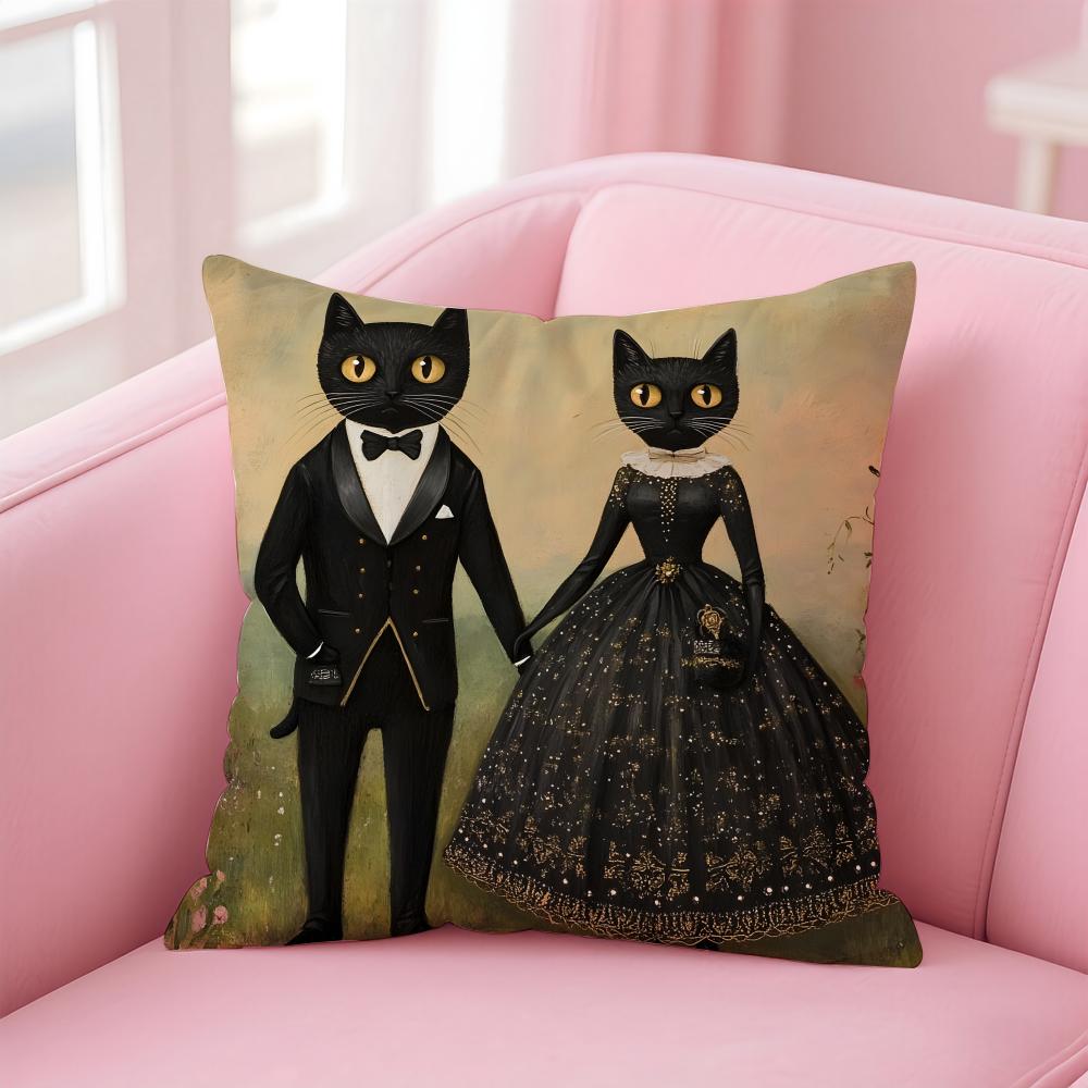 LLittle Black Cat Couple Cushion Cover Pillow Case Soft Friendly Fabric Concealed Zipper