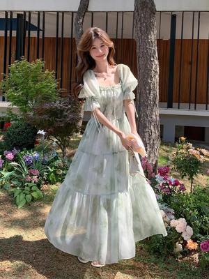 French Romantic Square Neck Floral Dress for Spring & Autumn 2026 - Gentle, Elegant, Long Fairy Vacation Dress