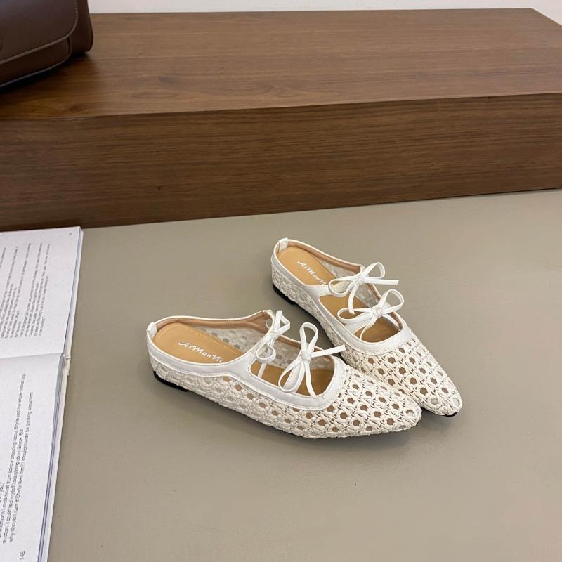 Large size woven bag head half slippers women's summer new bow hollow holiday cool slippers