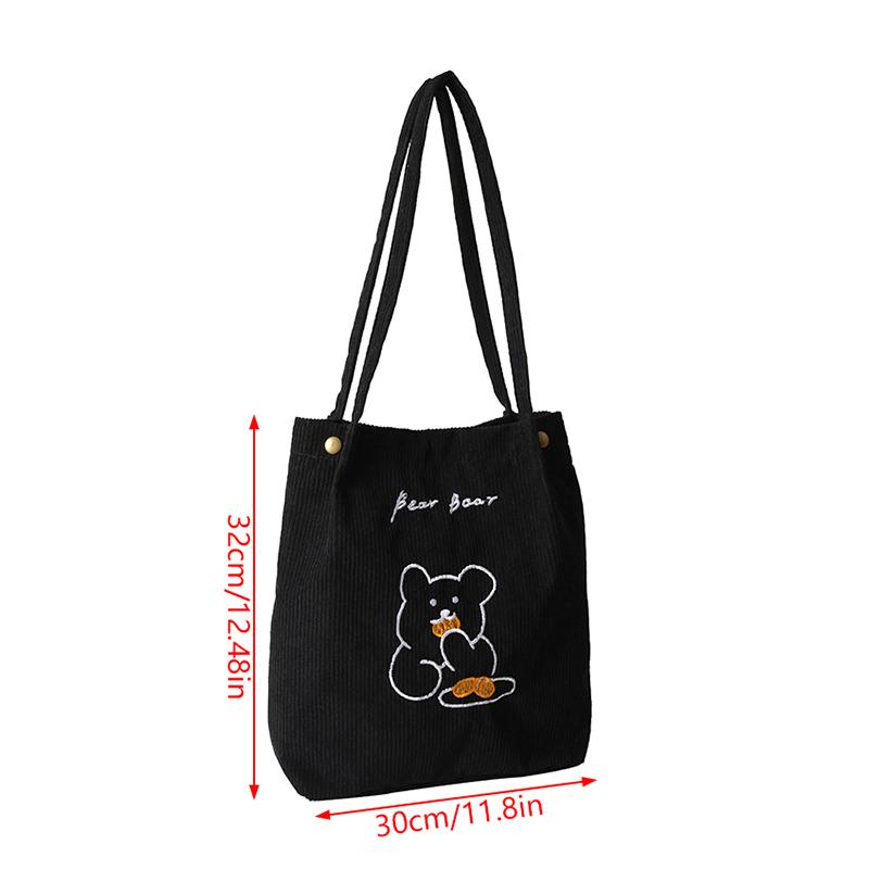 Women Corduroy Shoulder Bags Bear Pattern Ladies Casual Handbag Reusable Large Capacity Tote Bags Casual Female Shopping Bags