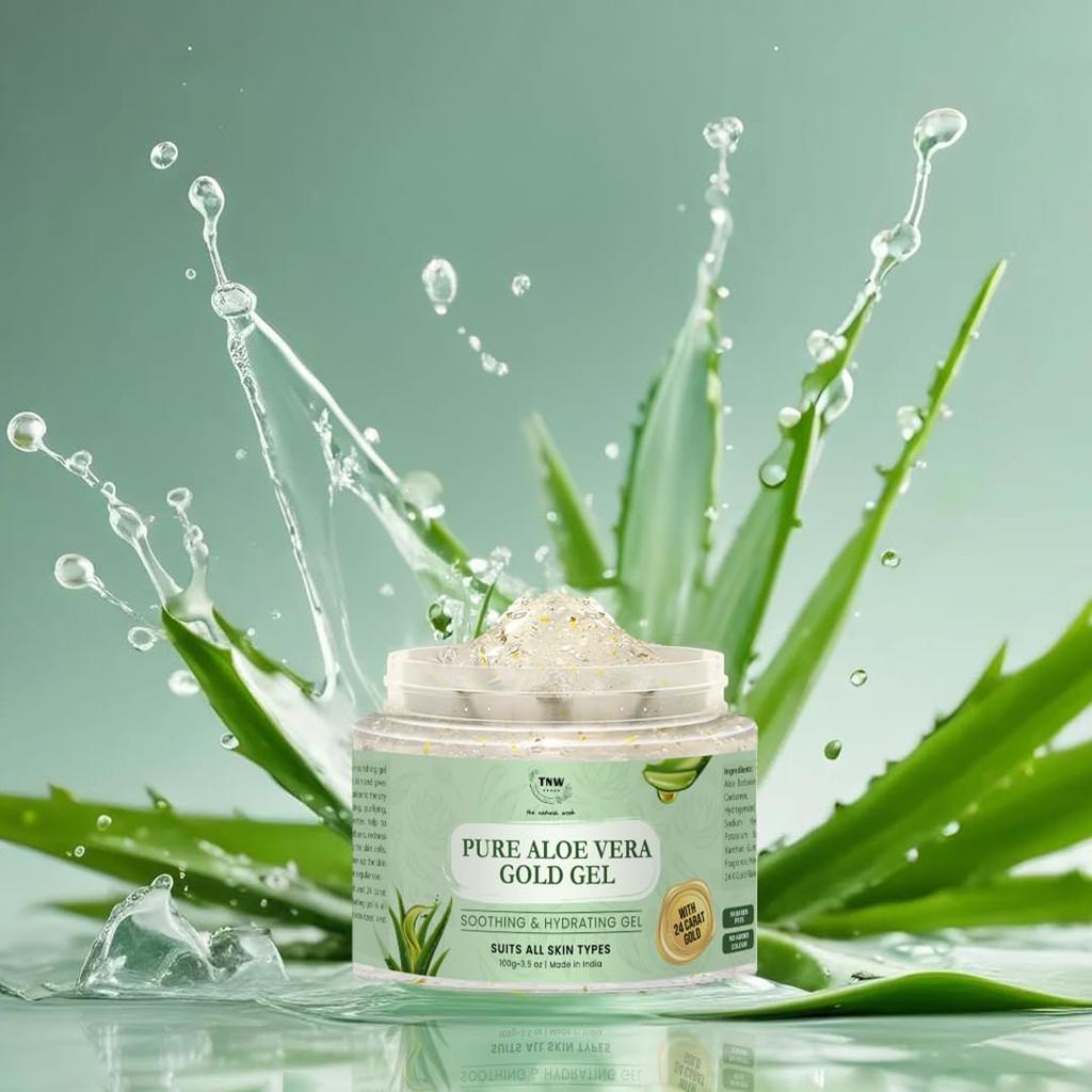 TNW-THE NATURAL WASH Pure Aloe Vera Gold Gel for Face - 100gm | Enriched with Aloe Vera & 24k Gold Properties | For Soothing, Hydrating Gel, Acne,