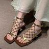 Fashion Temperament High Heels Women Summer Square Toe Open Toe Rhinestone Metal Mesh Strap Alien Heel Roman Sandals