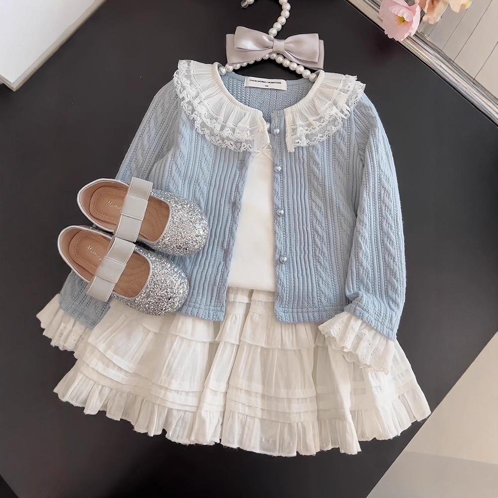 2025 Autumn Girls' Little Princess Korean Outfit: White Midi Skirt Two-Piece Set