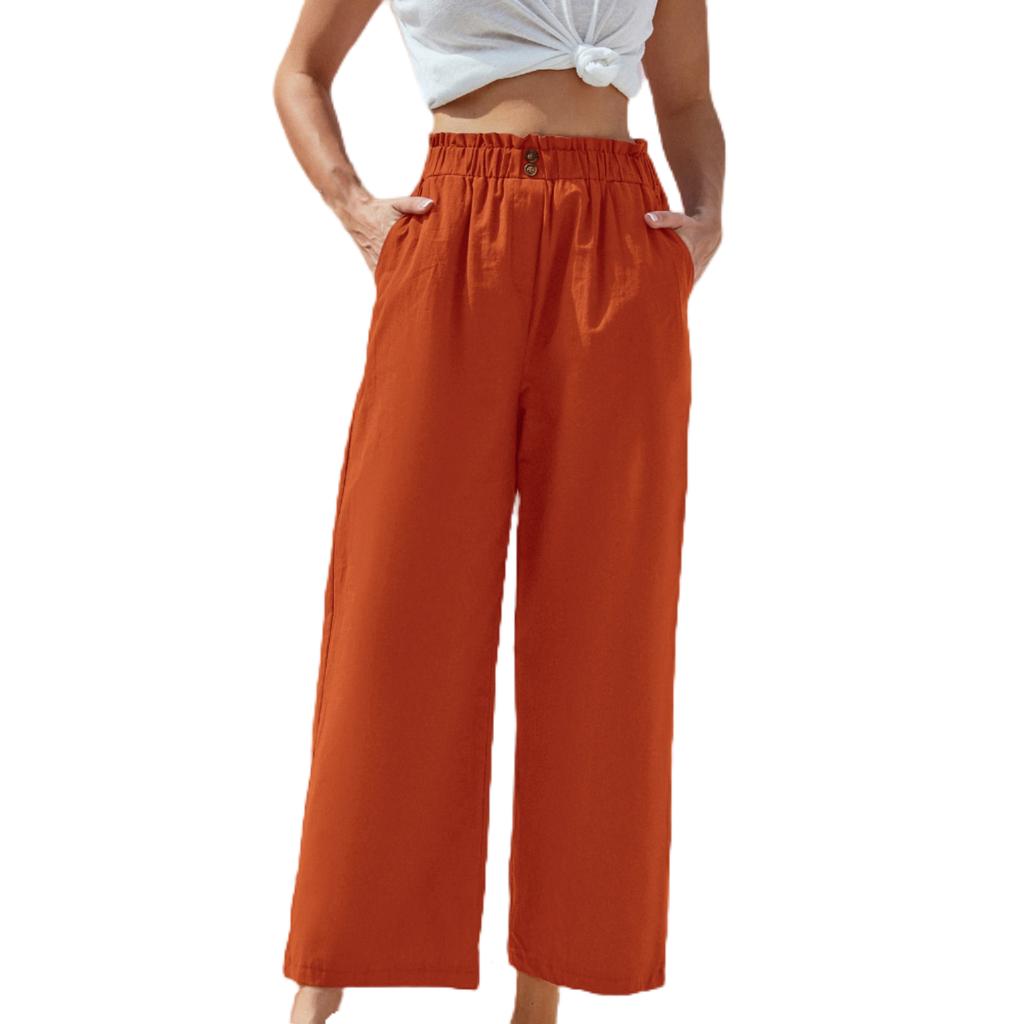 Women's High-waisted Ruffled Elastic Waist Cotton And Linen Cropped Casual Pants