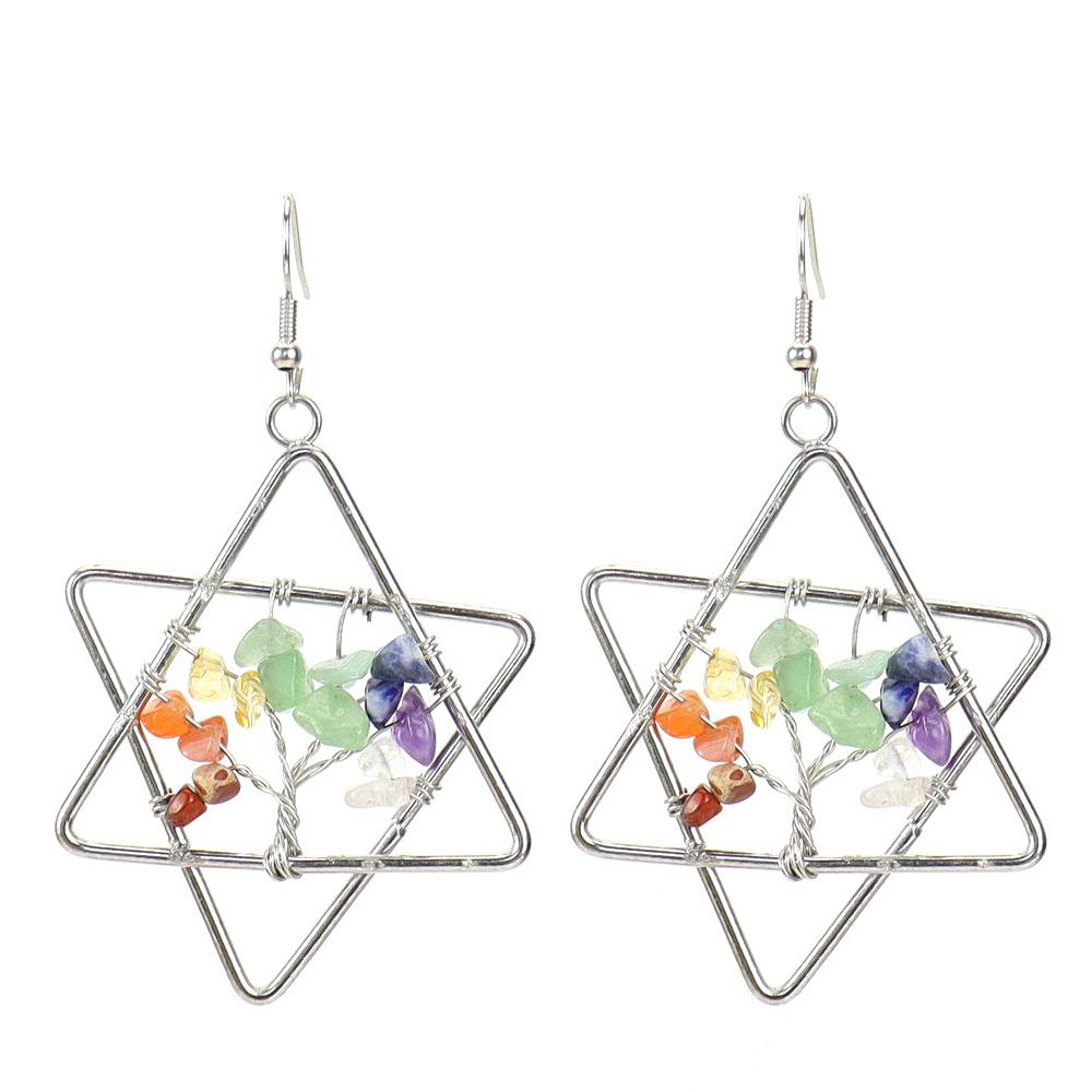 Hand-Wound Natural Gravel Crystal Colorful Tree Of Life Hexagram Earrings Earrings E17