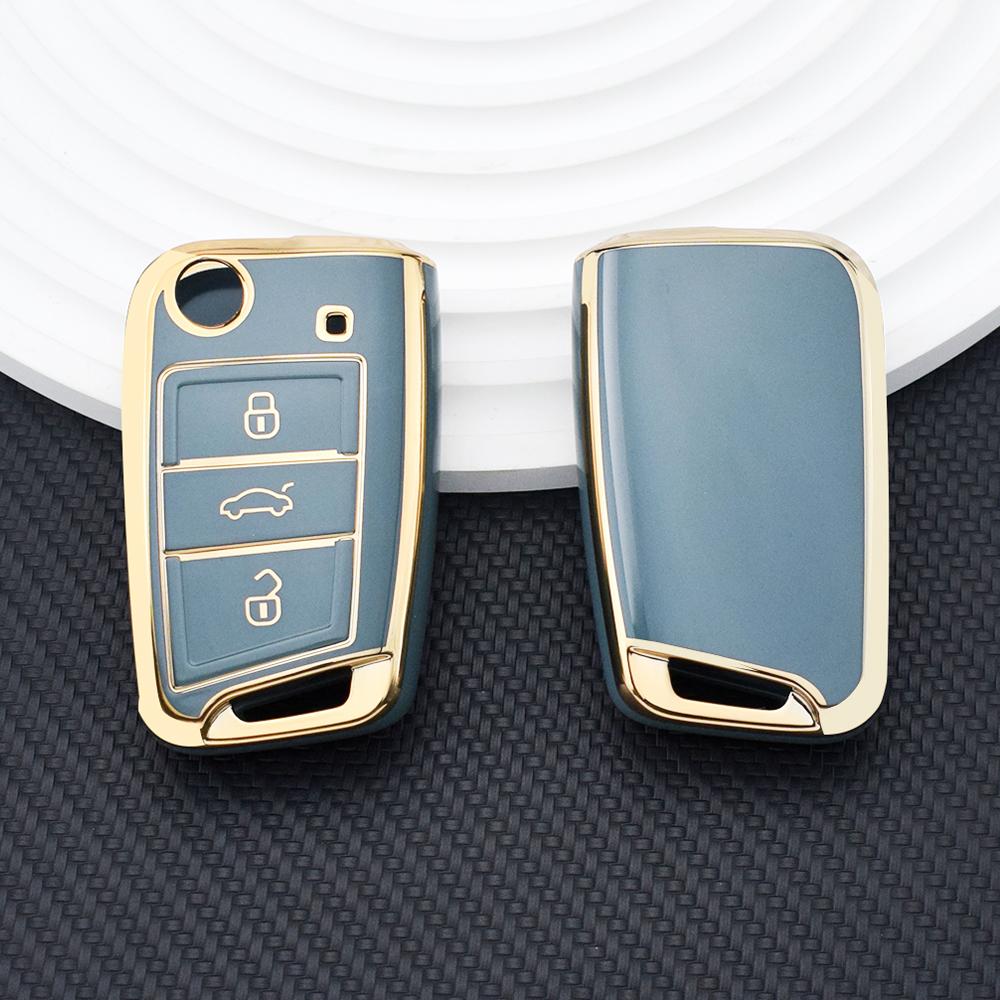 

Чехол для автомобильного ключа из ТПУ с 3 кнопками и золотым краем, держатель для автомобильного брелока для VW Golf 7 ALLTRACK MK7 для Skoda Octavia A7, защитные аксессуары серый