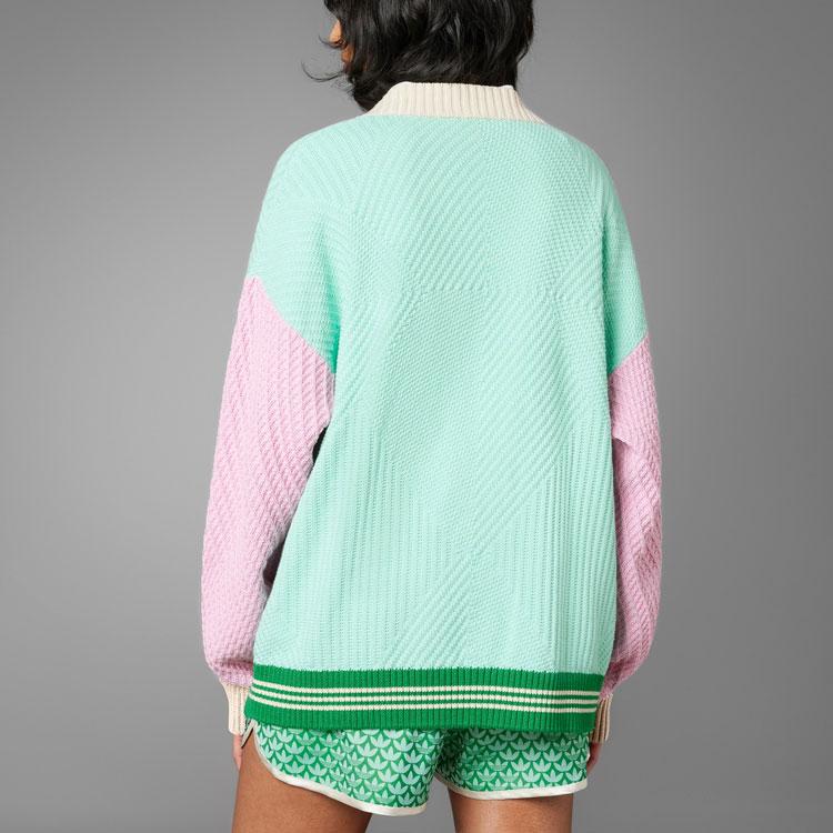 Adidas Originals SS23 Adicolor 70s Retro Series Knitted Cardigan Color Block Loose Long Sleeve Sports Knitwear Women Cardigans Simple-Green IK7494