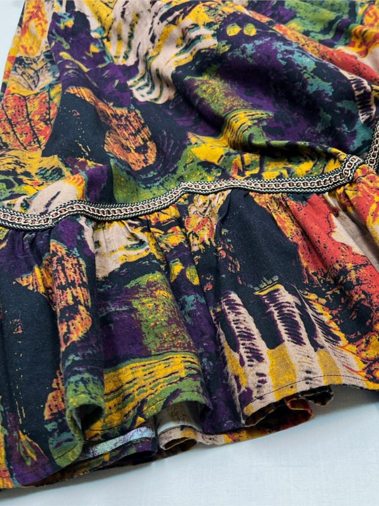 Johnature Oil Painting Printing Niche Design Skirt Woman Spring New Vintage Splicing Personality Skirt