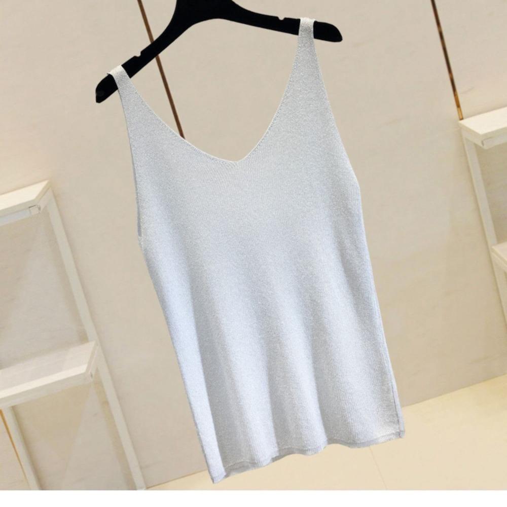 

Summer Korean Style Ice Silk Knit Shiny Tank Top, Sleeveless Loose Casual Vest Outerwear Basic Layering Top S