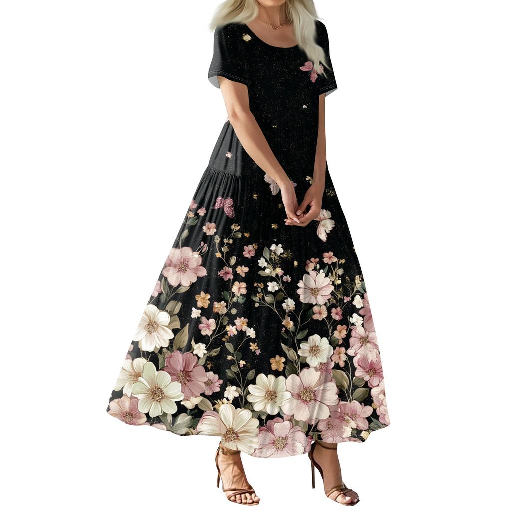 Women's Summer Casual Floral Print Short Sleeve O Neck High Waist A Line Tiered Flowy Boho Maxi Dress